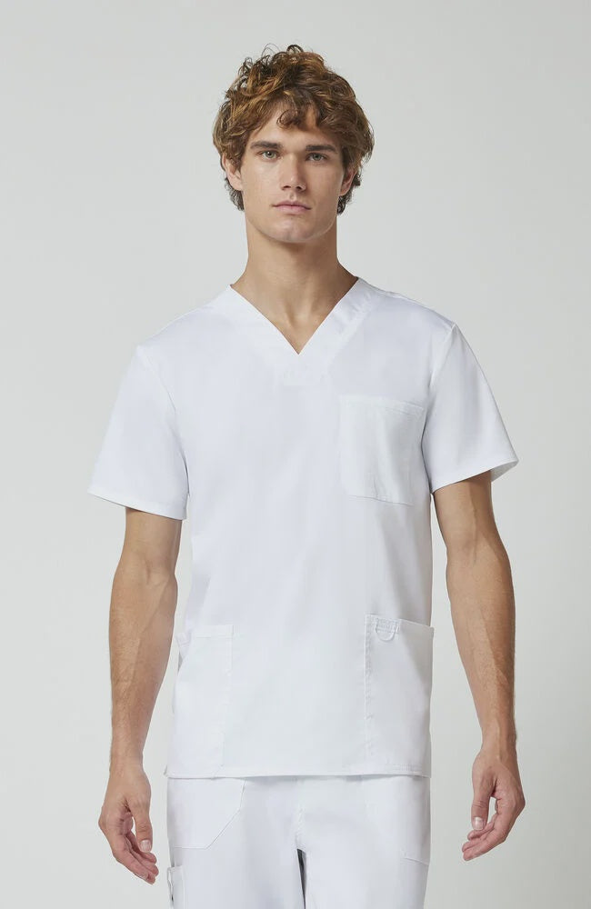 Men's V-Neck Scrub Top 3 Pocket (w/embroidered logo) - White