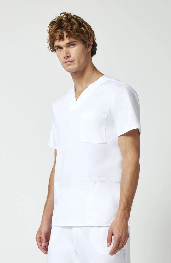 Men's V-Neck Scrub Top 3 Pocket (w/embroidered logo) - White