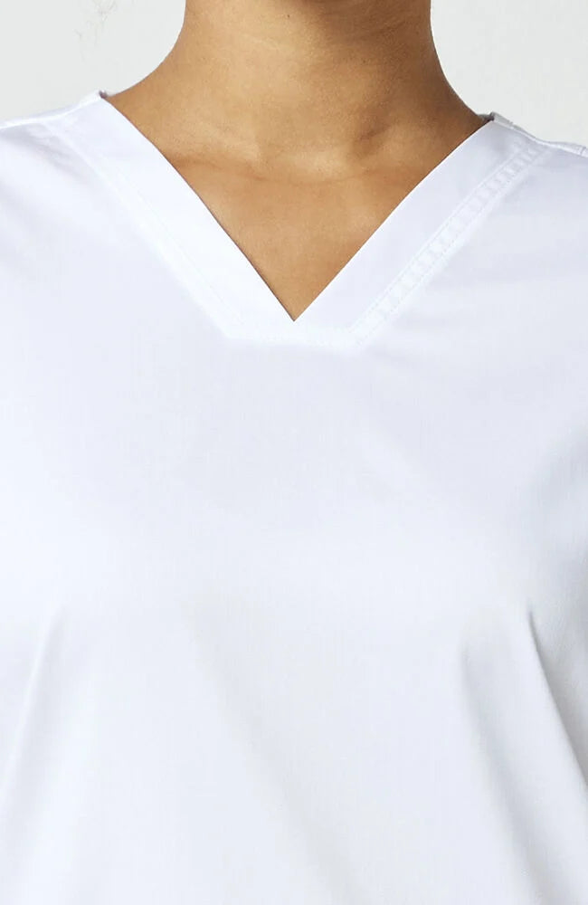 Ladies V-Neck Scrub Top (w/embroidered logo) - White