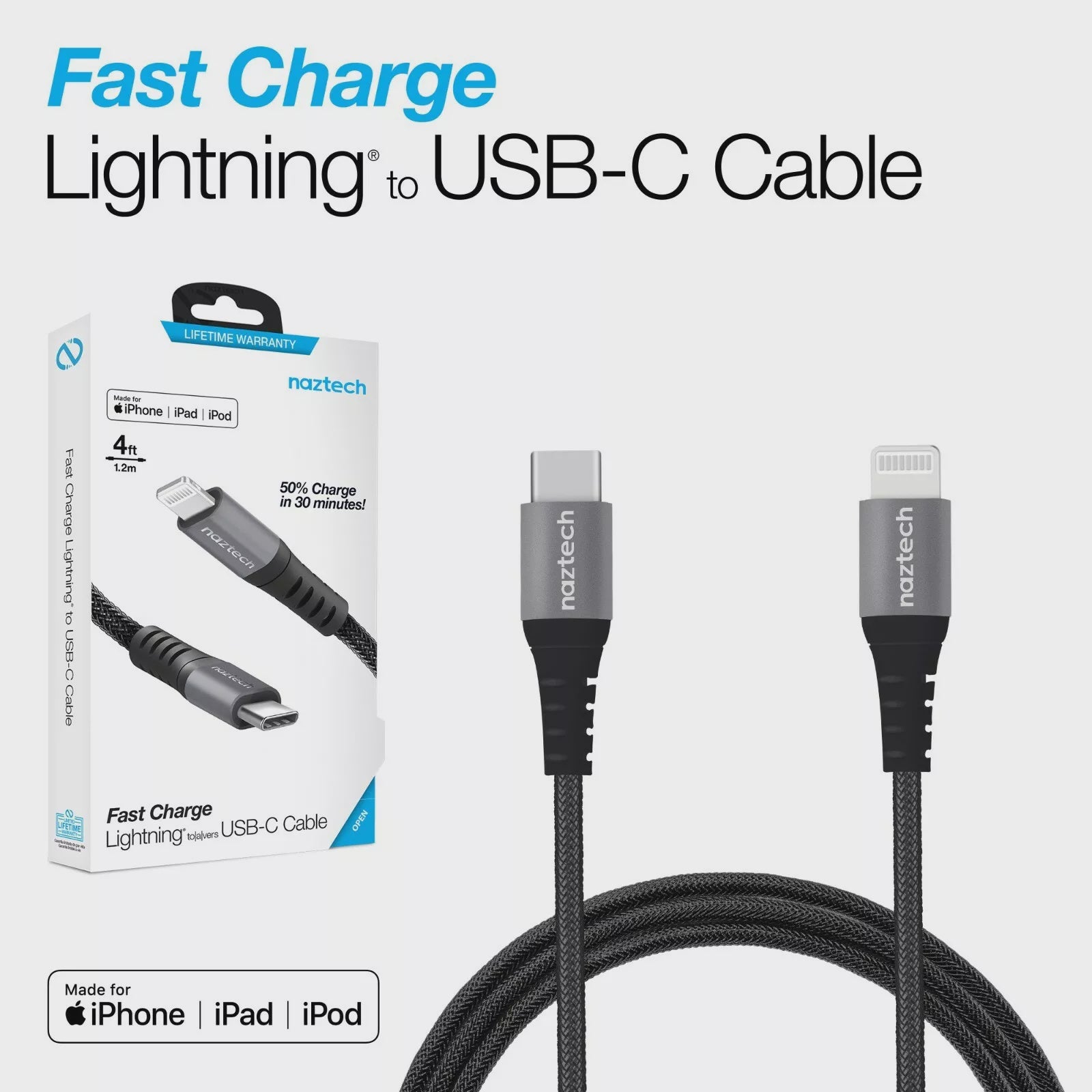 Naztech Braided Fast Charge MFi Lightning to USB-C Cable - Black