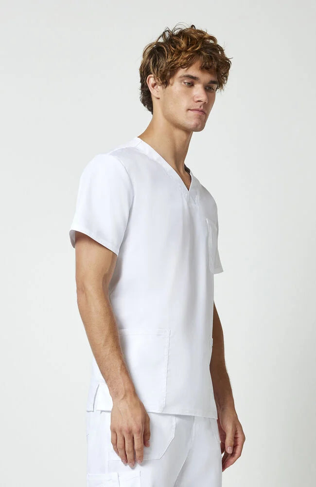 Men's V-Neck Scrub Top 3 Pocket (w/embroidered logo) - White