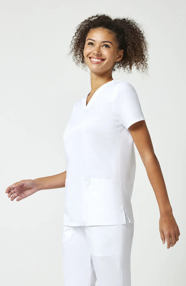 Ladies V-Neck Scrub Top (w/embroidered logo) - White