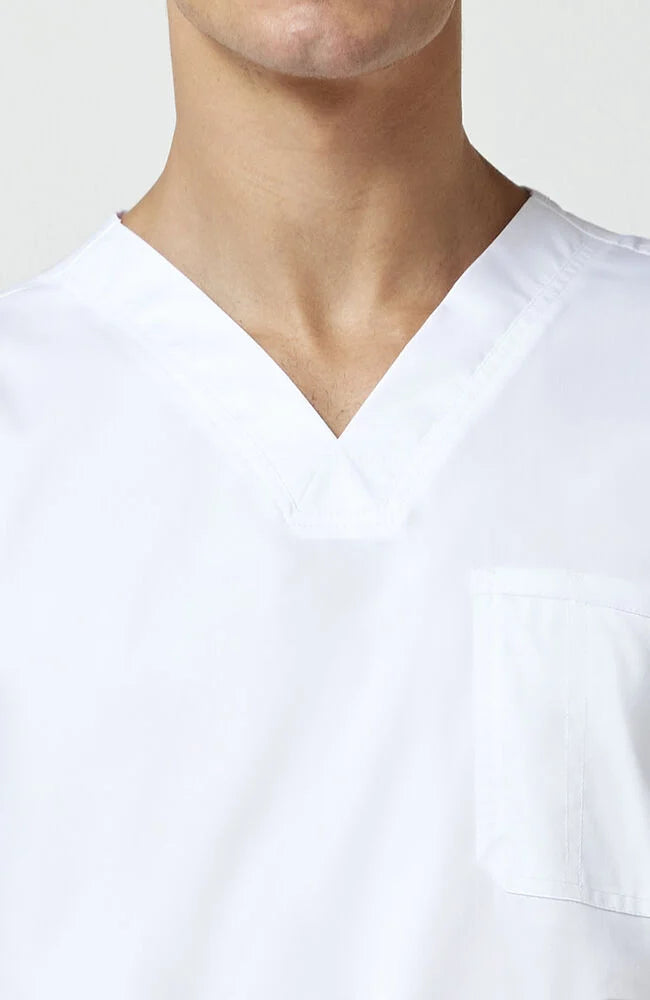Men's V-Neck Scrub Top 3 Pocket (w/embroidered logo) - White