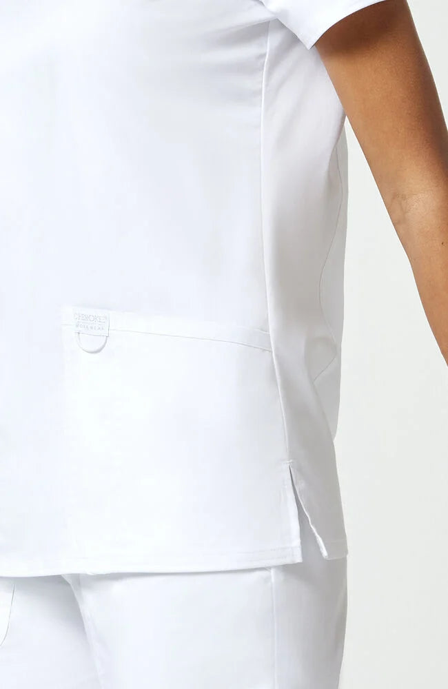 Ladies V-Neck Scrub Top (w/embroidered logo) - White