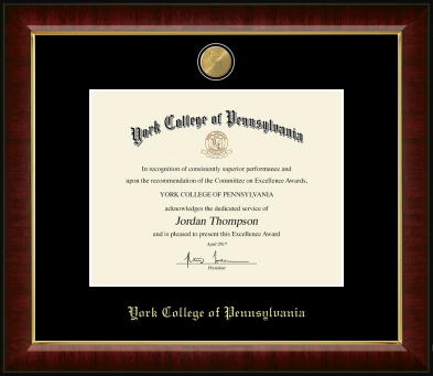 CERTIFICATE FRAME 23K JEWELRY QUALITY MEDALLION OF YORK COLLEGE OF PA SEAL WITH