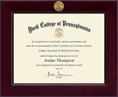 CERTIFICATE FRAME CORDOVA FEATURES A GOLD ENGRAVED MEDALLION OF YORK COLLEGE OF