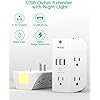 Outlet Extender w/Night Light, 5-Outlet Surge Protector w/3 USB Charge Ports