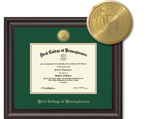 DIPLOMA FRAME ACADIA GALLERY FEATURES A GOLD ENGRAVED MEDALLION OF YORK COLLEGE