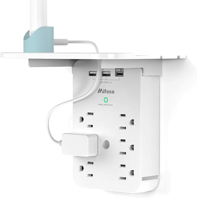 Home & Dorm Plug Expander w/Surge Protector, 6 AC Outlets, Shelf, 2 USB & USB C