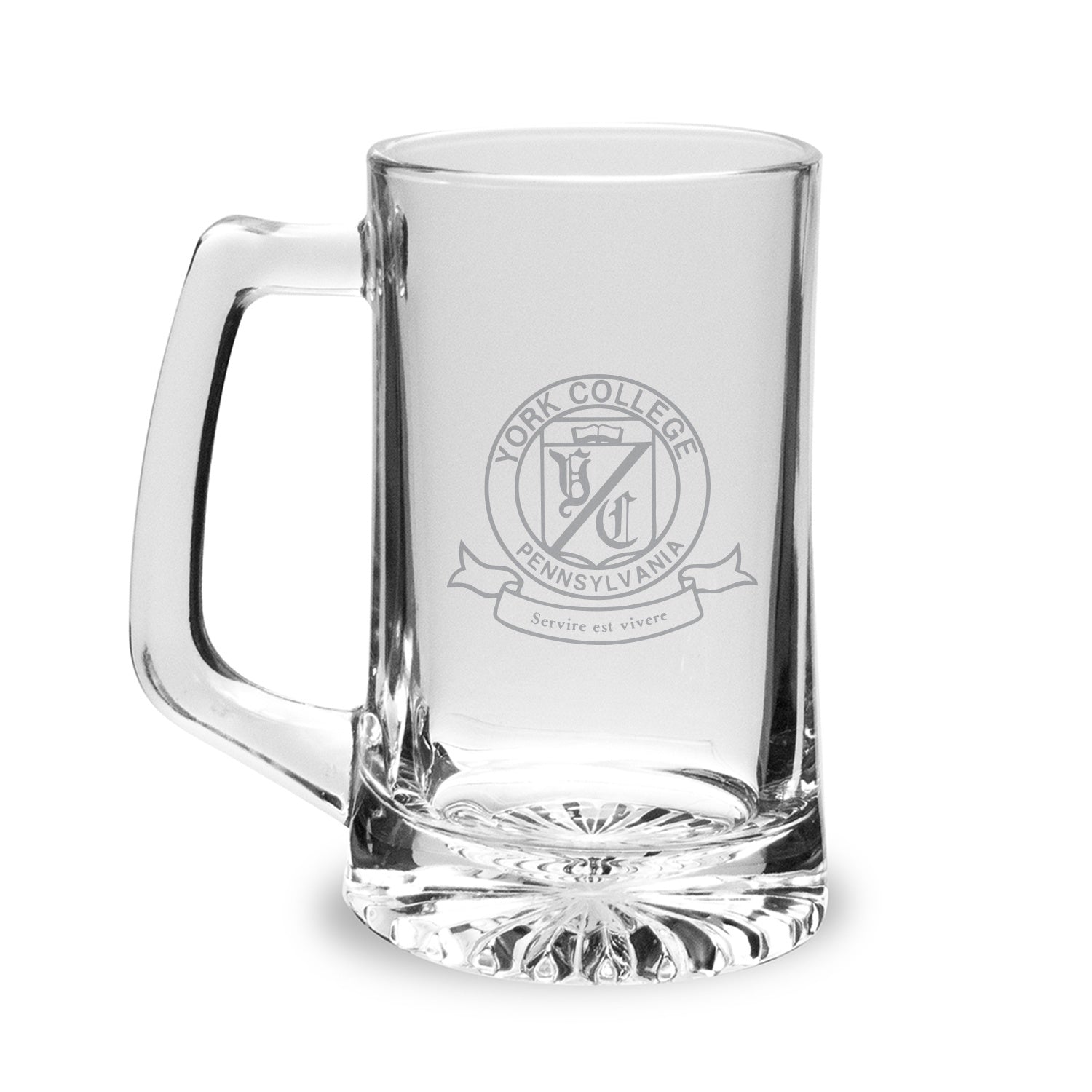 SPORTS MUG, CLEAR GLASS WITH YCP SEAL ETCHING, 25 OUNCE