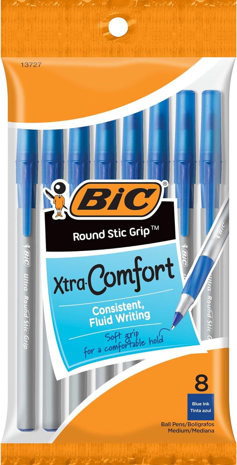 Pen: Round Stic Grip Xtra Comfort Ballpoint - 1.2mm - Blue - 8 Pack