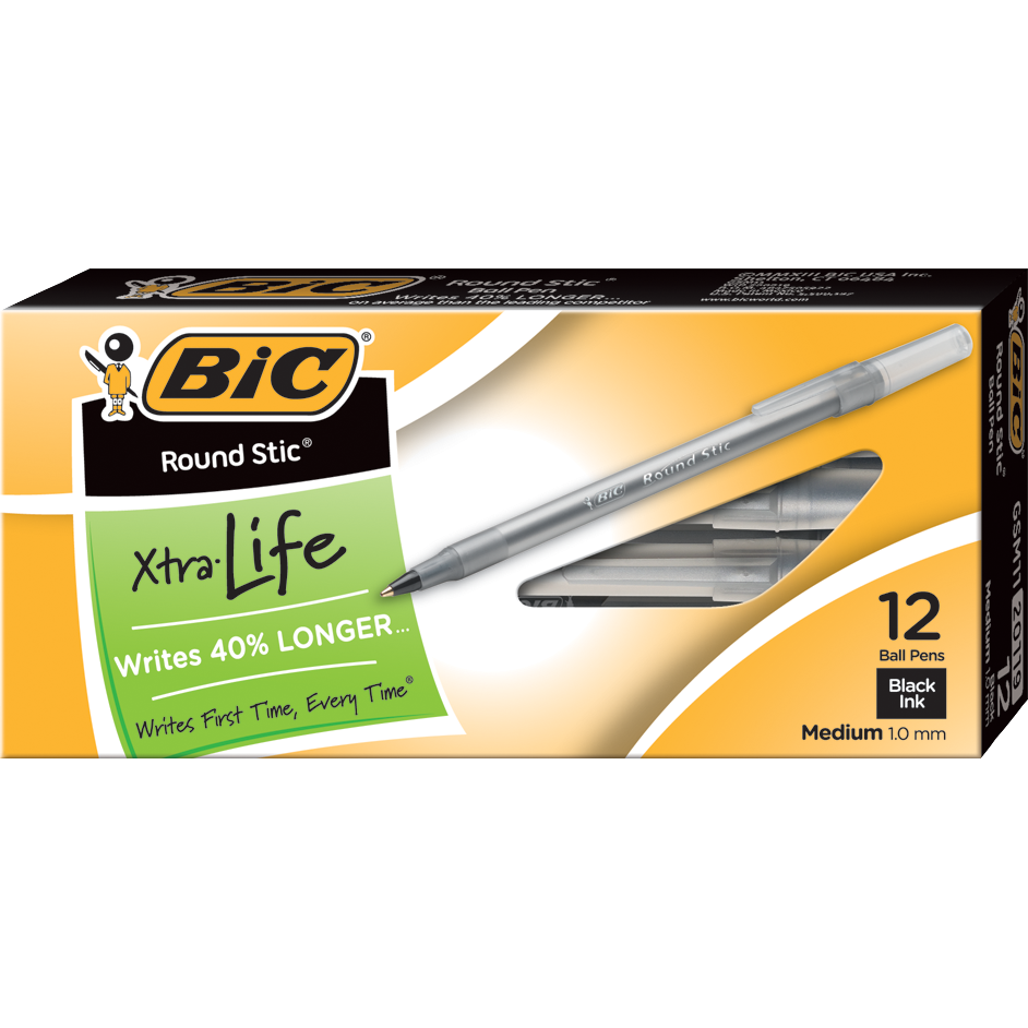 Pen: Round Stic Xtra Life Ballpoint - 1.0mm - Black - 12 Pack