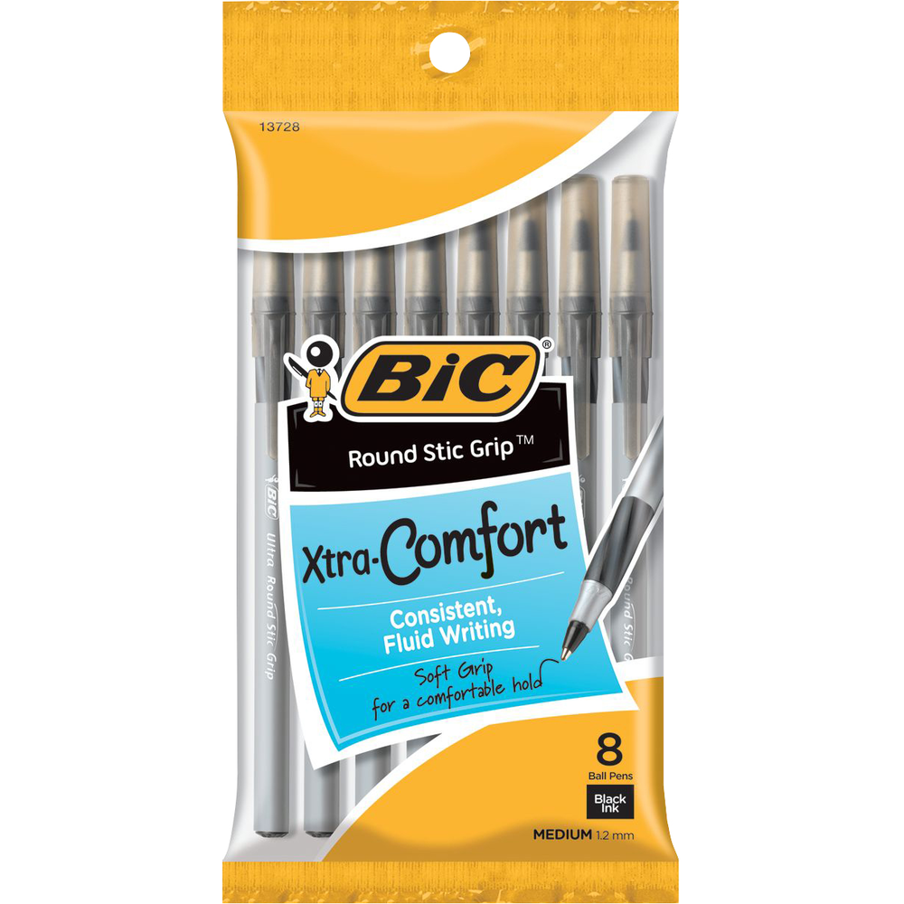 Pen: Round Stic Grip Xtra Comfort Ballpoint - 1.2mm - Black - 8 Pack