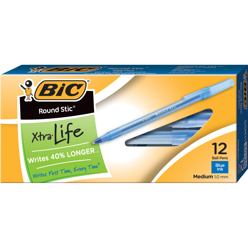 Pen: Round Stic Xtra Life Ballpoint - 1.0mm - Blue - 12 Pack