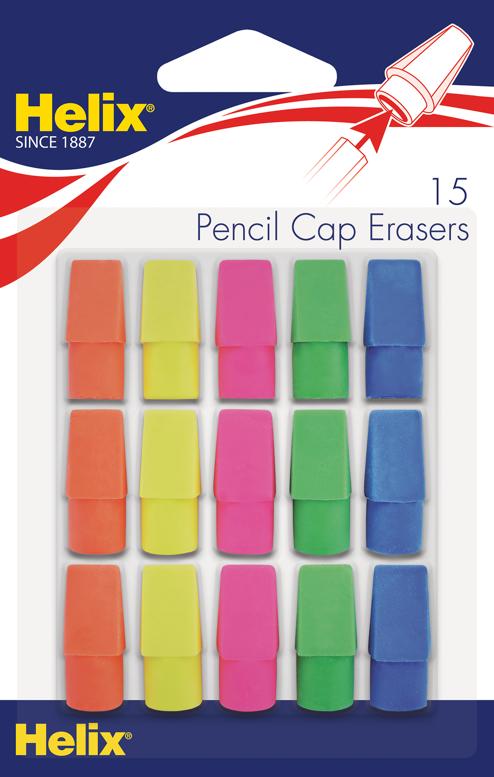 Eraser: Pencil Cap - Assorted Colors - 15 Pack