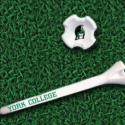 GOLF TEES 10 PACK WITH SPARTAN ON TOP AND YORK COLLEGE ON SIDE