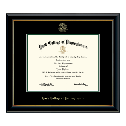 DIPLOMA FRAME ONYX GOLD MOULDING WITH EMBOSSED YORK COLLEGE OF PA SEAL WITH BLAC