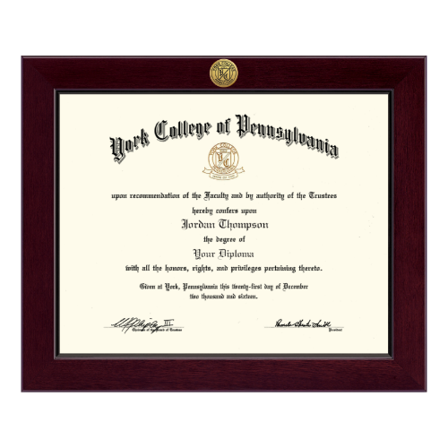 DIPLOMA FRAME CENTURY CORDOVA FEATURES A GOLD ENGRAVED MEDALLION OF YORK COLLEGE