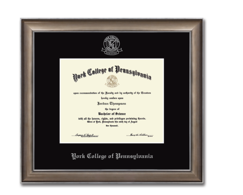 DIPLOMA FRAME EASTON GRAY FEATURES SILVER EMBOSSED YORK COLLEGE OF PA SEAL, BLAC